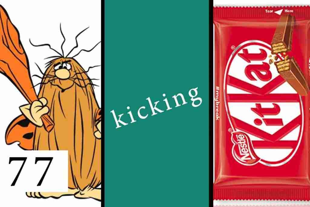 Captain Caveman Kicking a Kitkat