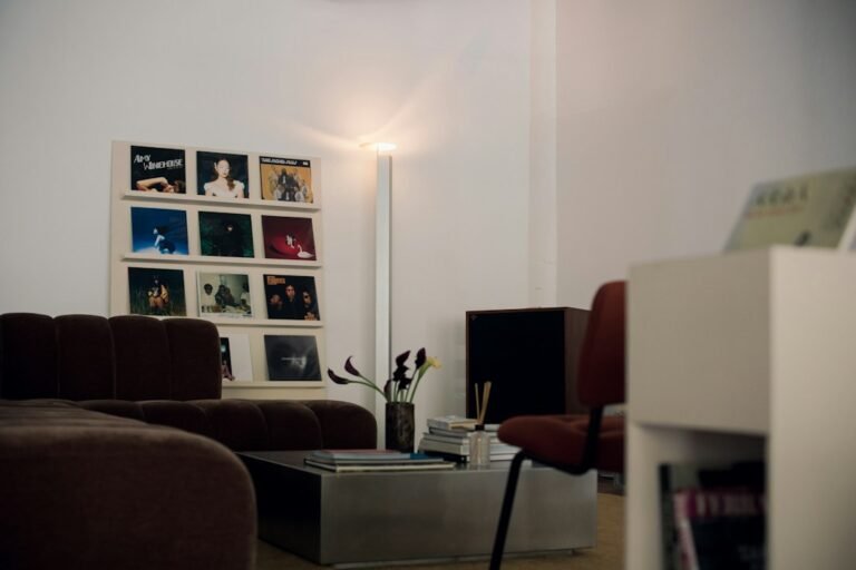 Living room with vinyl records representing slower analog experiences and friction-maxxing