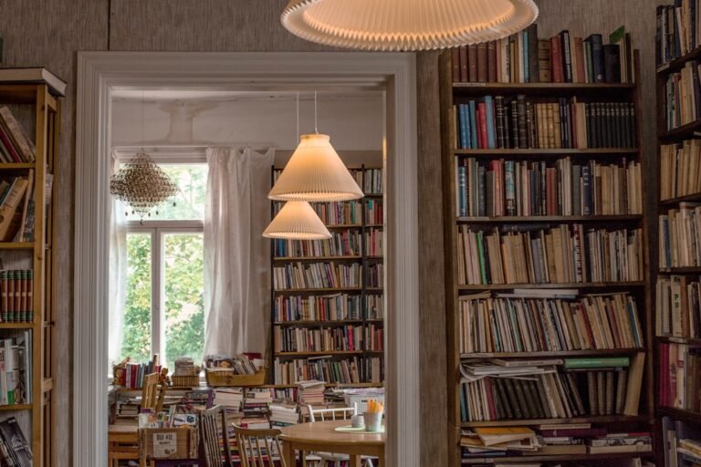 Warm book-filled cafe representing the comforting atmosphere of healing fiction